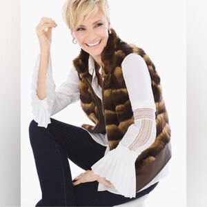 Chico's Women Faux Fur Vest Brown/Tan Zip-Up Faux Leather Trim Chico’s 2 US L/12